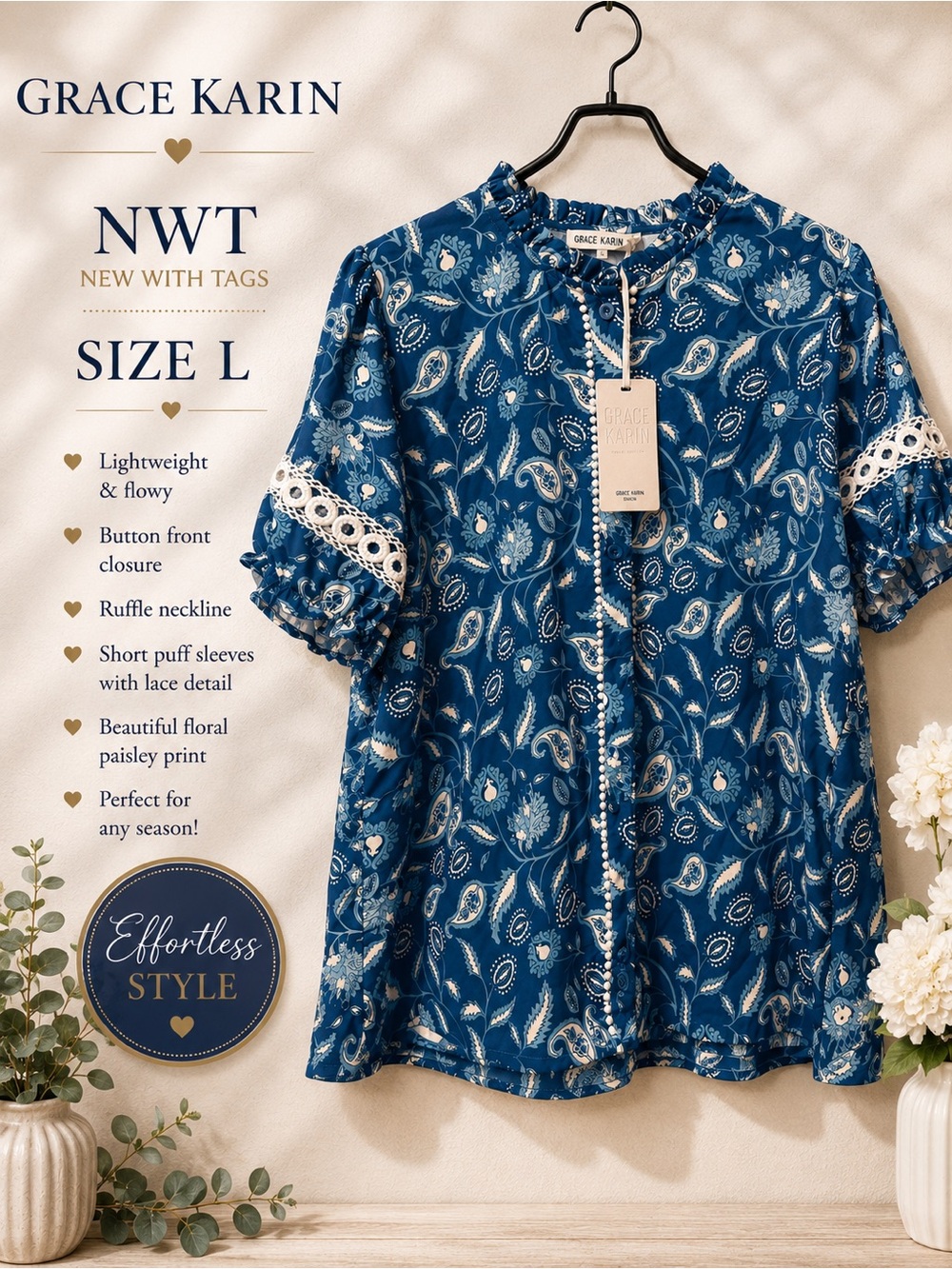 Grace Karin Blue Paisley Lace Trim Ruffle Sleeve Blouse Blue & White Large NWT